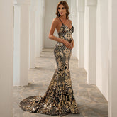 Spaghetti Strap Sequin Prom with Slit Evening Dress